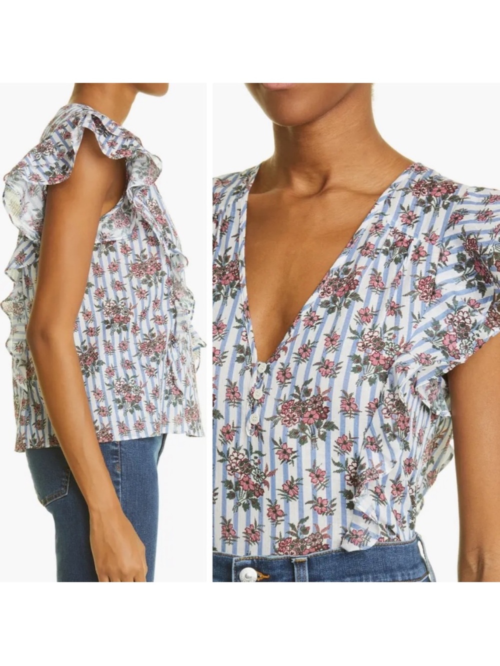Veronica Beard Joi Flutter Sleeve Blouse Size 6 Floral Stripe Ruffle Designer - Picture 4 of 10